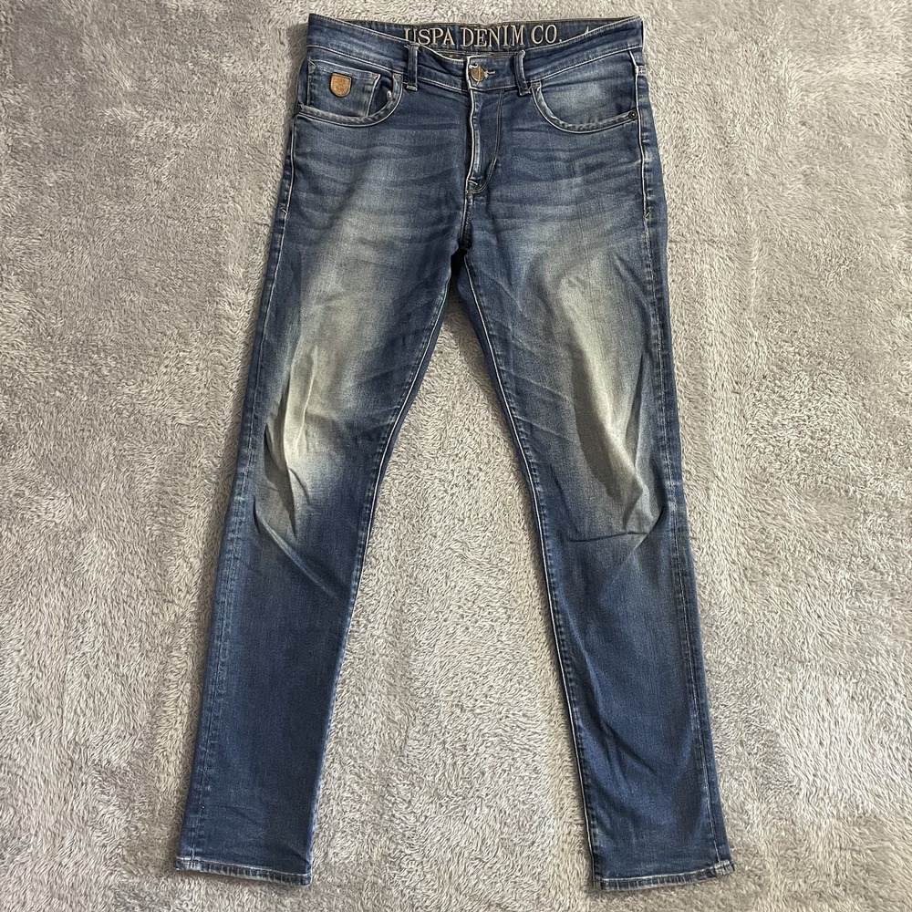 U.S POLO ASSN Denim Co Jeans Mens Size 34 Blue Denim Stretch Whiskered Med Wash